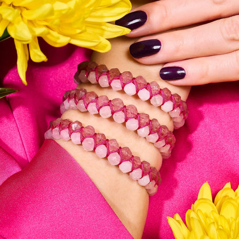 Quartz rose et quartz rose | Or rose | Bracelet double géométrique